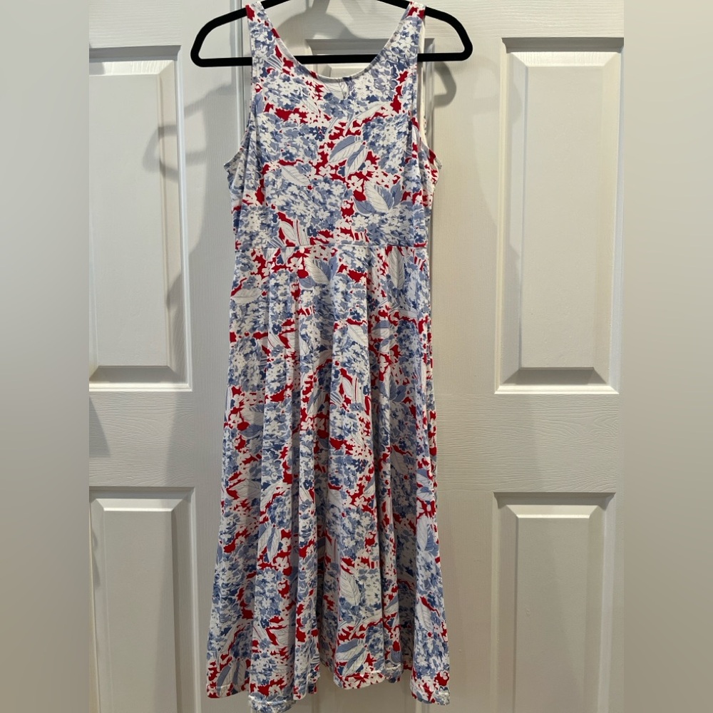 100% Cotton Sleeveless Red and Blue Patterned Summer Dress w/Side Pockets - Picture 4 of 6